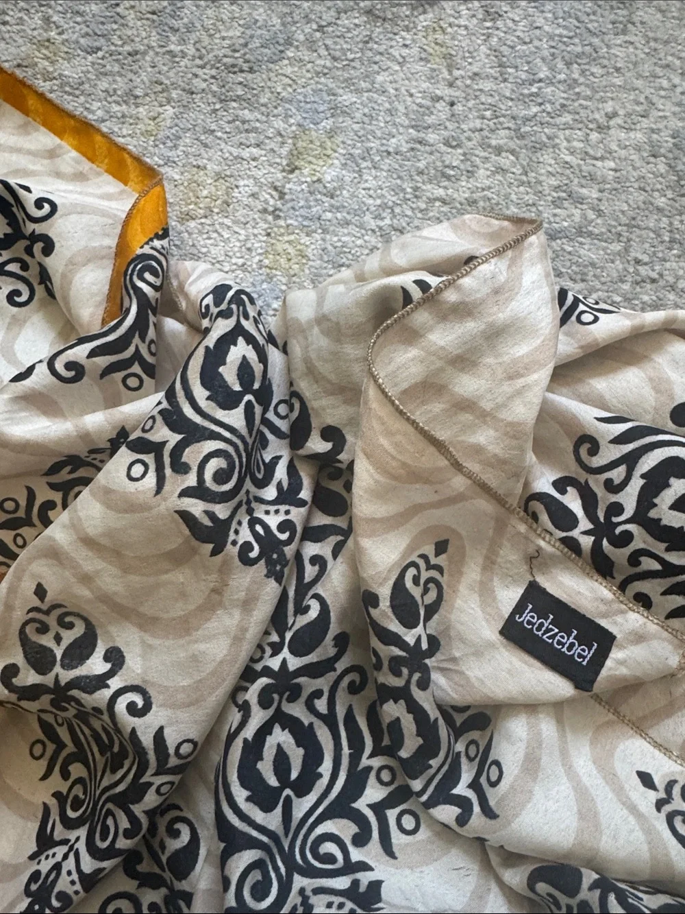 Cream and Black Printed Silk Scarf with Mustard Trim